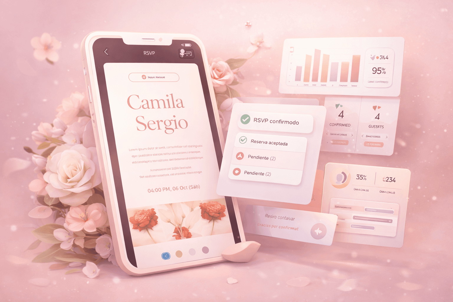 Invitación digital abierta en un celular, con el panel de confirmaciones en tiempo real